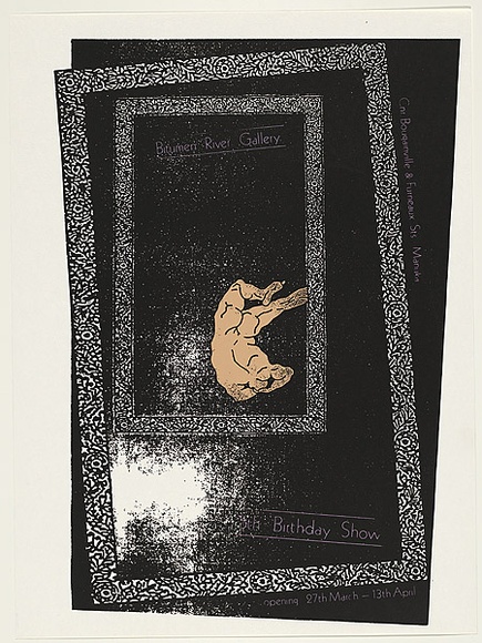 Artist: b'de Medici, eX' | Title: b'Bitumen River Gallery 5th Birthday Show.' | Date: 1986 | Technique: b'screenprint, printed in colour, from three stencils' | Copyright: b'\xc2\xa9 Ex de Medici' Artist: b'de Medici, eX' | Title: b'Bitumen River Gallery 5th Birthday Show.' | Date: 1986 | Technique: b'screenprint, printed in colour, from three stencils' | Copyright: b'\xc2\xa9 Ex de Medici'