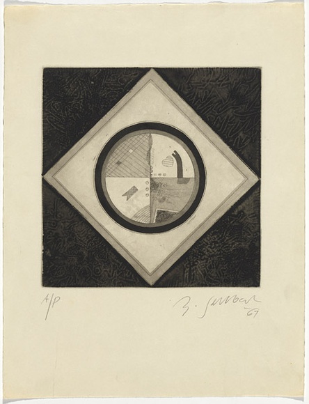 Artist: b'SELLBACH, Udo' | Title: b'(Diamond with circle)' | Date: 1967 | Technique: b'etching, aquatint printed in black ink, from ? plates with plate-tone' Artist: b'SELLBACH, Udo' | Title: b'(Diamond with circle)' | Date: 1967 | Technique: b'etching, aquatint printed in black ink, from ? plates with plate-tone'
