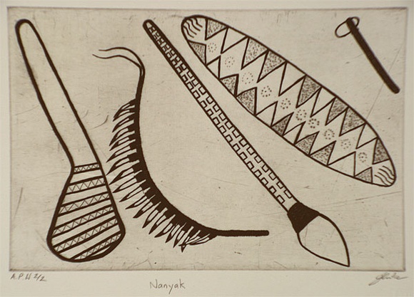 Artist: b'Carter, Jimealie Joyce.' | Title: b'Nanyak' | Date: 1999, April | Technique: b'etching, printed in black ink, from one plate' Artist: b'Carter, Jimealie Joyce.' | Title: b'Nanyak' | Date: 1999, April | Technique: b'etching, printed in black ink, from one plate'