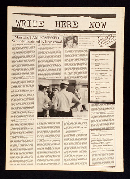 Artist: b'Hopkinson, Simon.' | Title: b'Write here now. Melbourne, Champion Press, 1979.' | Date: 1979 | Technique: b'offset-lithograph' Artist: b'Hopkinson, Simon.' | Title: b'Write here now. Melbourne, Champion Press, 1979.' | Date: 1979 | Technique: b'offset-lithograph'