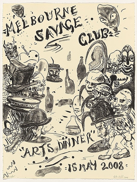 Title: b'Melbourne Savage Club arts dinner 15 May 2008' | Date: 2008 | Technique: b'lithograph, printed in black ink, from one stone' Title: b'Melbourne Savage Club arts dinner 15 May 2008' | Date: 2008 | Technique: b'lithograph, printed in black ink, from one stone'