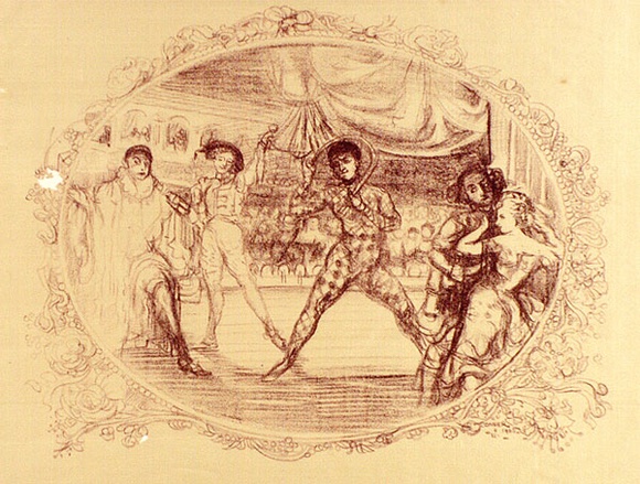 Artist: b'Conder, Charles.' | Title: bHarlequin s'amuse. | Date: 1905 | Technique: b'transfer-lithograph, printed in purple ink, from one stone' Artist: b'Conder, Charles.' | Title: bHarlequin s'amuse. | Date: 1905 | Technique: b'transfer-lithograph, printed in purple ink, from one stone'