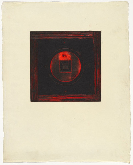 Artist: b'SELLBACH, Udo' | Title: b'(Red and black square with circle)' | Date: 1967 | Technique: b'etching, aquatint printed in colour from one? plate' Artist: b'SELLBACH, Udo' | Title: b'(Red and black square with circle)' | Date: 1967 | Technique: b'etching, aquatint printed in colour from one? plate'