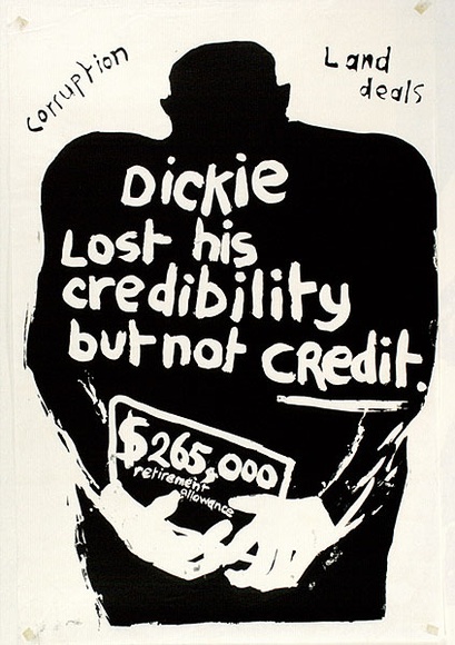 Artist: b'Gibb, Viva Jillian.' | Title: b'Dickie lost his credibility but not credit' | Date: 1978 | Technique: b'screenprint, printed in black ink, from one screen' Artist: b'Gibb, Viva Jillian.' | Title: b'Dickie lost his credibility but not credit' | Date: 1978 | Technique: b'screenprint, printed in black ink, from one screen'