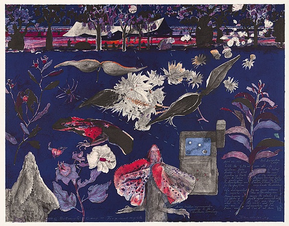 Artist: b'Wolseley, John.' | Title: bBotanist's camp - tropical nights | Date: 1997, May - July | Technique: b'lithograph, printed in black ink, from stone; hand-coloured' | Copyright: b'\xc2\xa9 John Wolseley. Licensed by VISCOPY, Australia' Artist: b'Wolseley, John.' | Title: bBotanist's camp - tropical nights | Date: 1997, May - July | Technique: b'lithograph, printed in black ink, from stone; hand-coloured' | Copyright: b'\xc2\xa9 John Wolseley. Licensed by VISCOPY, Australia'