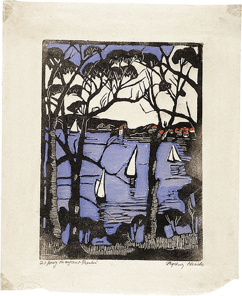 Artist: b'PRESTON, Margaret' | Title: b'Mosman Bay, Sydney Harbour' | Date: c.1927 | Technique: b'woodcut, printed in black ink, from one block; hand-coloured' | Copyright: b'\xc2\xa9 Margaret Preston. Licensed by VISCOPY, Australia' Artist: b'PRESTON, Margaret' | Title: b'Mosman Bay, Sydney Harbour' | Date: c.1927 | Technique: b'woodcut, printed in black ink, from one block; hand-coloured' | Copyright: b'\xc2\xa9 Margaret Preston. Licensed by VISCOPY, Australia'