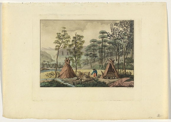 Title: b'Terre de Di\xc3\xa9men: \xc3\x8ele Maria tombeaux des naturels' | Date: 1802? | Technique: b'etching and aquatint, printed in black ink, from one plate; hand-coloured' Title: b'Terre de Di\xc3\xa9men: \xc3\x8ele Maria tombeaux des naturels' | Date: 1802? | Technique: b'etching and aquatint, printed in black ink, from one plate; hand-coloured'