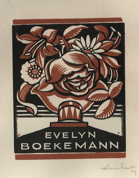 Artist: b'FEINT, Adrian' | Title: b'Bookplate: Evelyn Boekemann.' | Date: (1929) | Technique: b'wood-engraving, printed in colour, from two blocks' | Copyright: b'Courtesy the Estate of Adrian Feint' Artist: b'FEINT, Adrian' | Title: b'Bookplate: Evelyn Boekemann.' | Date: (1929) | Technique: b'wood-engraving, printed in colour, from two blocks' | Copyright: b'Courtesy the Estate of Adrian Feint'