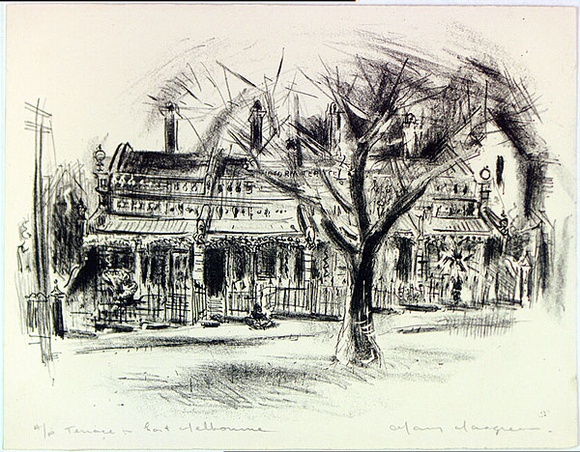 Artist: b'MACQUEEN, Mary' | Title: b'Terrace, East Melbourne' | Date: 1956 | Technique: b'lithograph, printed in black ink, from one plate' | Copyright: b'Courtesy Paulette Calhoun, for the estate of Mary Macqueen' Artist: b'MACQUEEN, Mary' | Title: b'Terrace, East Melbourne' | Date: 1956 | Technique: b'lithograph, printed in black ink, from one plate' | Copyright: b'Courtesy Paulette Calhoun, for the estate of Mary Macqueen'