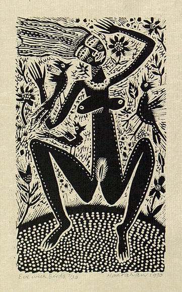 Artist: b'HANRAHAN, Barbara' | Title: b'Eve with birds' | Date: 1990 | Technique: b'wood-engraving, printed in black ink, from one block' Artist: b'HANRAHAN, Barbara' | Title: b'Eve with birds' | Date: 1990 | Technique: b'wood-engraving, printed in black ink, from one block'