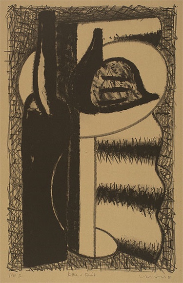 Artist: b'Lincoln, Kevin.' | Title: b'Bottle and fruit' | Date: 1988 | Technique: b'lithograph, printed in black ink, from one stone' Artist: b'Lincoln, Kevin.' | Title: b'Bottle and fruit' | Date: 1988 | Technique: b'lithograph, printed in black ink, from one stone'