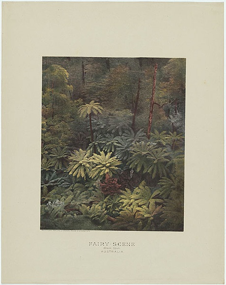 Artist: b'Phillip-Stephan Photo-Litho. and Typographic Process Co. Ltd.' | Title: b'Fairy scene. Black Spur. Australia.' | Date: (c.1887) | Technique: b'photo-lithograph, printed in colour, from multiple stones' Artist: b'Phillip-Stephan Photo-Litho. and Typographic Process Co. Ltd.' | Title: b'Fairy scene. Black Spur. Australia.' | Date: (c.1887) | Technique: b'photo-lithograph, printed in colour, from multiple stones'