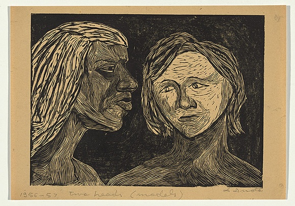 Artist: b'Groblicka, Lidia.' | Title: b'Two heads (models)' | Date: 1956-57 | Technique: b'woodcut, printed in black ink, from one block' Artist: b'Groblicka, Lidia.' | Title: b'Two heads (models)' | Date: 1956-57 | Technique: b'woodcut, printed in black ink, from one block'
