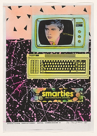Title: b'Still life variations: royal commission 3' | Date: 1991 | Technique: b'photocopy, printed in black ink, from collaged artwork; hand-coloured with aerosol paint'