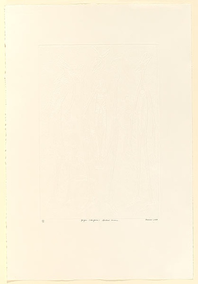 Artist: b'Hayward Pooaraar, Bevan.' | Title: b'Yongas (kangaroo) spiritual concerns' | Date: 1988 | Technique: b'embossing' Artist: b'Hayward Pooaraar, Bevan.' | Title: b'Yongas (kangaroo) spiritual concerns' | Date: 1988 | Technique: b'embossing'