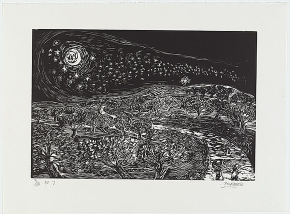 Title: b'The first time I saw the stars.' | Date: 1994-1999 | Technique: b'woodcut, printed in black ink, from one kauri pine woodblock' | Copyright: b'\xc2\xa9 Salvatore Zofrea, 1994-1999' Title: b'The first time I saw the stars.' | Date: 1994-1999 | Technique: b'woodcut, printed in black ink, from one kauri pine woodblock' | Copyright: b'\xc2\xa9 Salvatore Zofrea, 1994-1999'
