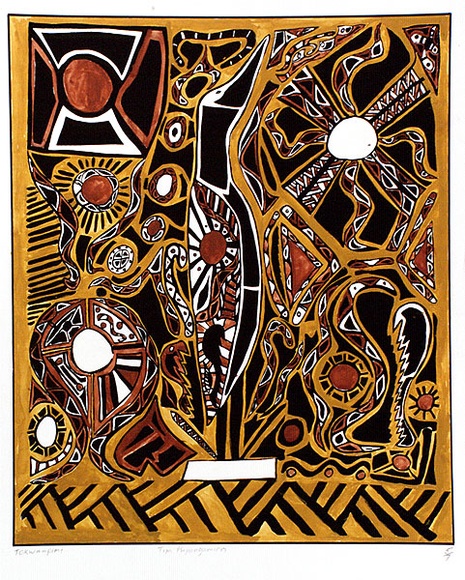 Artist: b'Pupangamirri, Tim.' | Title: b'Tokwanpimi' | Date: 1988 | Technique: b'screenprint, printed in black ink, from one stencil; hand-coloured' Artist: b'Pupangamirri, Tim.' | Title: b'Tokwanpimi' | Date: 1988 | Technique: b'screenprint, printed in black ink, from one stencil; hand-coloured'