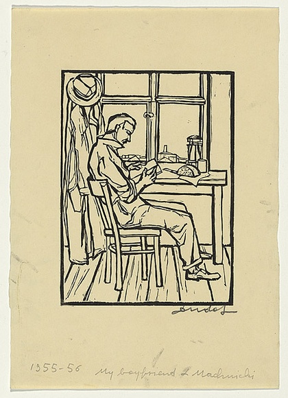 Artist: b'Groblicka, Lidia.' | Title: b'My boyfriend L Machnicki' | Date: 1955-56 | Technique: b'woodcut, printed in black ink, from one block' Artist: b'Groblicka, Lidia.' | Title: b'My boyfriend L Machnicki' | Date: 1955-56 | Technique: b'woodcut, printed in black ink, from one block'