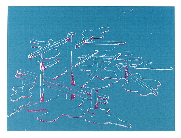 Artist: b'COLEING, Tony' | Title: bIdea for 'to do with blue' sculpture [2]. | Date: 1975 | Technique: b'screenprint, printed in colour, from two stencils in blue and pink ink'