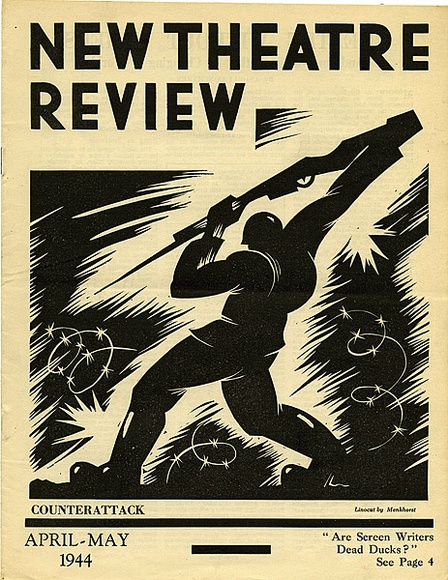 Title: b'New theatre review: April-May 1944' | Date: March 1944 | Technique: b'linocut, printed in black ink, from one block; letterpress text' Title: b'New theatre review: April-May 1944' | Date: March 1944 | Technique: b'linocut, printed in black ink, from one block; letterpress text'