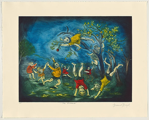 Title: b'The orchard' | Date: 2002 | Technique: b'etching, hardground, aquatint, burnishing, colour roll and inked a-la-poupee, printed in colour, from two copper plates'