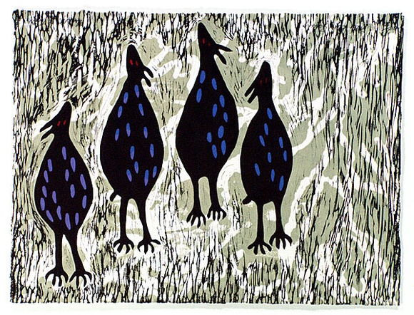Artist: b'Walker, Heather.' | Title: b'Fruit bat gallery' | Date: 1988 | Technique: b'linocut, printed in colour, from mutlitple blocks' Artist: b'Walker, Heather.' | Title: b'Fruit bat gallery' | Date: 1988 | Technique: b'linocut, printed in colour, from mutlitple blocks'