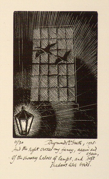 Artist: b'McGrath, Raymond.' | Title: b'And the sight crosses my fancy, again and again, of the showery haloes of lamps, and soft shadows like birds' | Date: 1928 | Technique: b'wood-engraving, printed in black ink, from one block' Artist: b'McGrath, Raymond.' | Title: b'And the sight crosses my fancy, again and again, of the showery haloes of lamps, and soft shadows like birds' | Date: 1928 | Technique: b'wood-engraving, printed in black ink, from one block'