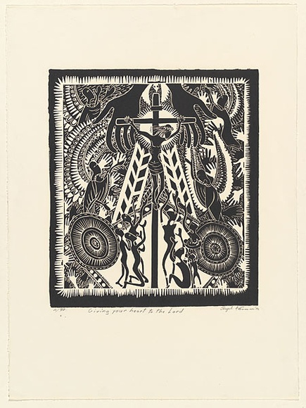 Artist: b'Cummins, Joseph.' | Title: b'Giving your heart to the Lord.' | Date: c.1998 | Technique: b'linocut, printed in black ink, from one block' Artist: b'Cummins, Joseph.' | Title: b'Giving your heart to the Lord.' | Date: c.1998 | Technique: b'linocut, printed in black ink, from one block'