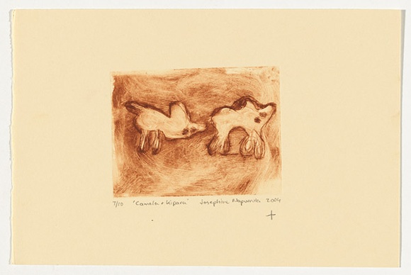 Artist: b'Napurrula, Josephine.' | Title: b'Camela and Kipara' | Date: 2004 | Technique: b'drypoint etching, printed in brown ink, from one perspex plate' Artist: b'Napurrula, Josephine.' | Title: b'Camela and Kipara' | Date: 2004 | Technique: b'drypoint etching, printed in brown ink, from one perspex plate'