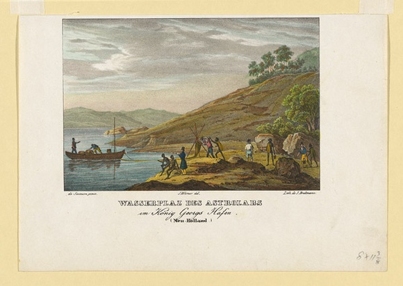 Title: b'Wasserplatz des Astrolabs in K\xc3\xb6nig Georgs Hafen' | Date: 1836 | Technique: b'lithograph, printed in black ink, from one stone; hand-coloured' Title: b'Wasserplatz des Astrolabs in K\xc3\xb6nig Georgs Hafen' | Date: 1836 | Technique: b'lithograph, printed in black ink, from one stone; hand-coloured'
