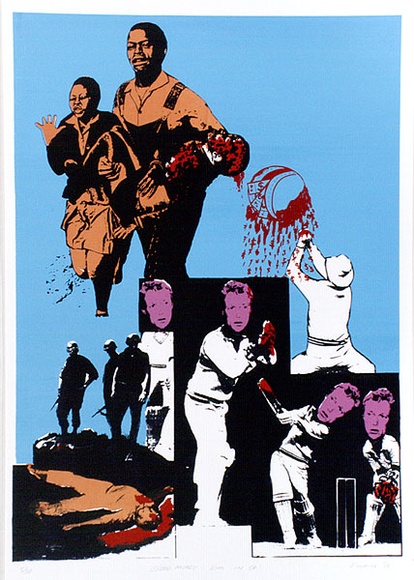 Artist: b'Biro, Kivu.' | Title: b'Blood money - Kim in S.A.' | Date: 1985 | Technique: b'screenprint, printed in colour, from multiple stencils' Artist: b'Biro, Kivu.' | Title: b'Blood money - Kim in S.A.' | Date: 1985 | Technique: b'screenprint, printed in colour, from multiple stencils'