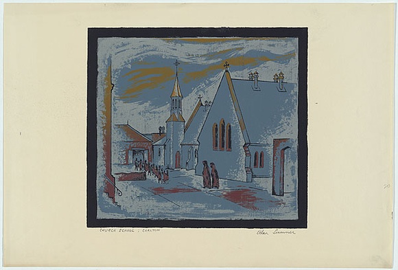 Artist: b'Sumner, Alan.' | Title: b'Church School, Carlton' | Date: 1948 | Technique: b'screenprint, printed in colour, from four stencils' Artist: b'Sumner, Alan.' | Title: b'Church School, Carlton' | Date: 1948 | Technique: b'screenprint, printed in colour, from four stencils'
