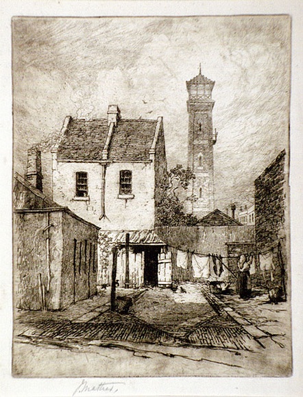 Artist: b'Mather, John.' | Title: b'Old fire tower, Melbourne' | Date: 1904 | Technique: b'etching, printed in brown ink, from one plate' Artist: b'Mather, John.' | Title: b'Old fire tower, Melbourne' | Date: 1904 | Technique: b'etching, printed in brown ink, from one plate'