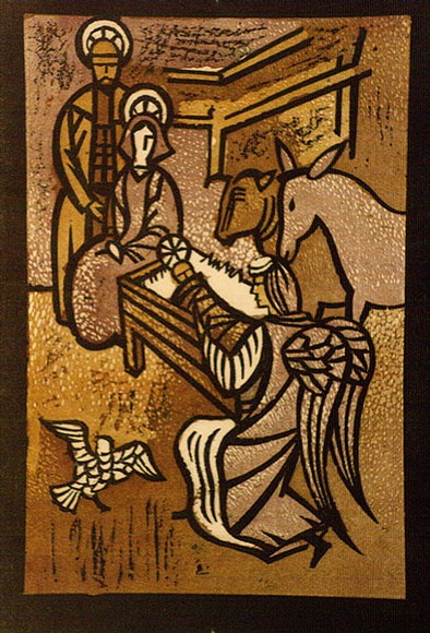 Artist: b'de Kesler, Thomas.' | Title: b'Holy Family.' | Date: 1961 | Technique: b'linocut, printed in colour, from four blocks' | Copyright: b'\xc2\xa9 Thomas de Kessler' Artist: b'de Kesler, Thomas.' | Title: b'Holy Family.' | Date: 1961 | Technique: b'linocut, printed in colour, from four blocks' | Copyright: b'\xc2\xa9 Thomas de Kessler'