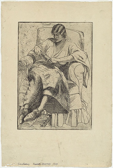 Artist: b'Huntley, Isabel.' | Title: b'Girl reading' | Date: 1929 | Technique: b'etching and aquatint, printed in black ink, from one plate' | Copyright: b'\xc2\xa9 Estate of Isabel Huntley, Douglas Huntley' Artist: b'Huntley, Isabel.' | Title: b'Girl reading' | Date: 1929 | Technique: b'etching and aquatint, printed in black ink, from one plate' | Copyright: b'\xc2\xa9 Estate of Isabel Huntley, Douglas Huntley'
