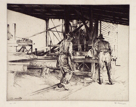 Artist: b'Warner, Alfred Edward.' | Title: b'Timber workers' | Date: 1935 | Technique: b'etching, printed in black ink, from one plate' Artist: b'Warner, Alfred Edward.' | Title: b'Timber workers' | Date: 1935 | Technique: b'etching, printed in black ink, from one plate'