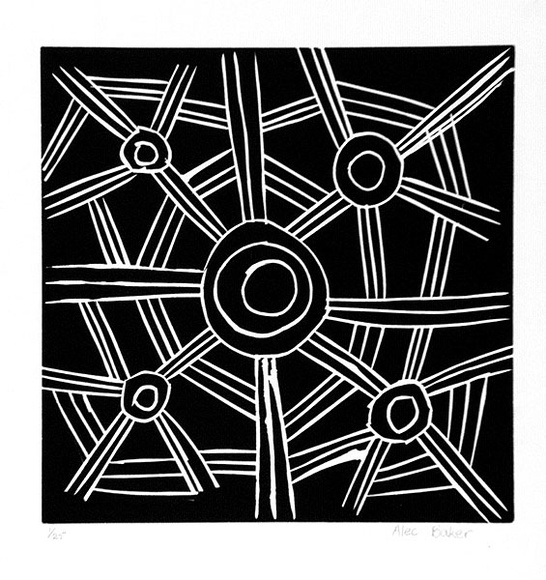 Artist: b'Baker, Alec.' | Title: b'not titled' | Date: 1988 | Technique: b'linocut, printed in black ink, from one block'