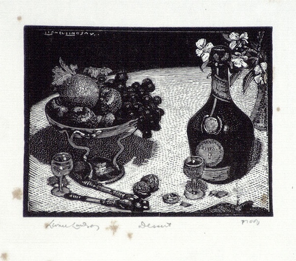 Artist: b'LINDSAY, Lionel' | Title: b'Dessert' | Date: 1924 | Technique: b'wood-engraving, printed in black ink, from one block' | Copyright: b'Courtesy of the National Library of Australia' Artist: b'LINDSAY, Lionel' | Title: b'Dessert' | Date: 1924 | Technique: b'wood-engraving, printed in black ink, from one block' | Copyright: b'Courtesy of the National Library of Australia'