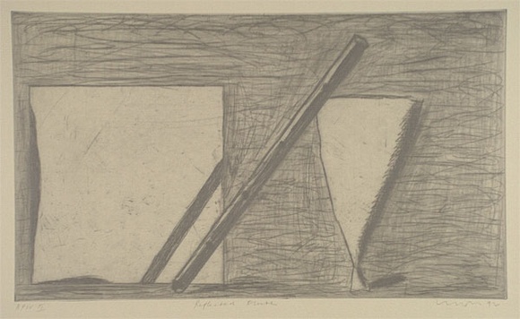Artist: b'Lincoln, Kevin.' | Title: b'Reflected flute' | Date: 1992 | Technique: b'etching, printed in grey ink, from one plate' Artist: b'Lincoln, Kevin.' | Title: b'Reflected flute' | Date: 1992 | Technique: b'etching, printed in grey ink, from one plate'