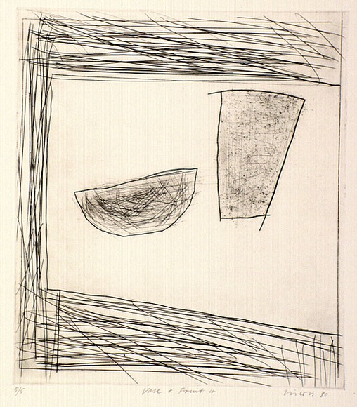 Artist: b'Lincoln, Kevin.' | Title: b'Vase and fruit 4' | Date: 1980 | Technique: b'drypoint, printed in black ink, from one plate' | Copyright: b'\xc2\xa9 Kevin Lincoln. Licensed by VISCOPY, Australia' Artist: b'Lincoln, Kevin.' | Title: b'Vase and fruit 4' | Date: 1980 | Technique: b'drypoint, printed in black ink, from one plate' | Copyright: b'\xc2\xa9 Kevin Lincoln. Licensed by VISCOPY, Australia'