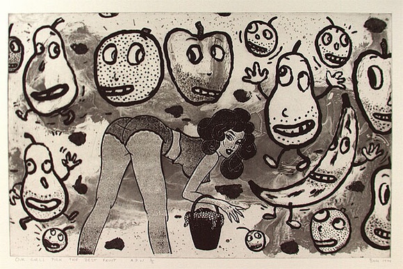Artist: b'Bell, Michael.' | Title: b'Our girls pick the best fruit' | Date: 1994 | Technique: b'etching, aquatint and open-bite, printed in black ink, from one plate' Artist: b'Bell, Michael.' | Title: b'Our girls pick the best fruit' | Date: 1994 | Technique: b'etching, aquatint and open-bite, printed in black ink, from one plate'