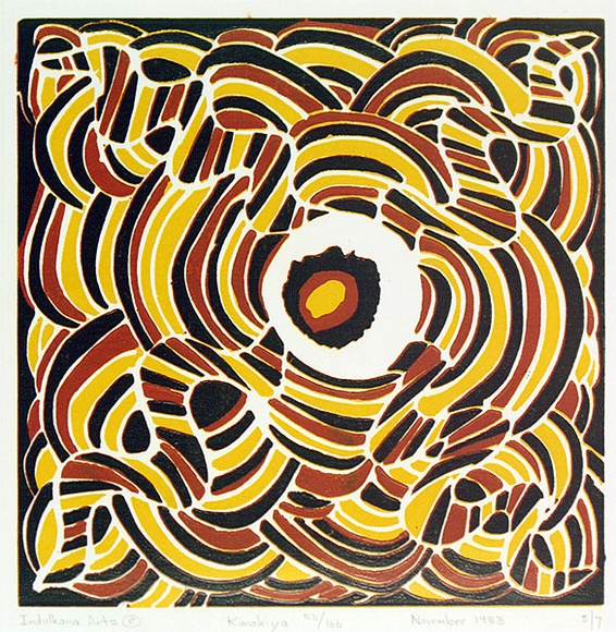 Artist: b'Kanakiya, Tjanyari.' | Title: b'not titled' | Date: 1983 | Technique: b'linocut, printed in colour, from multiple blocks' Artist: b'Kanakiya, Tjanyari.' | Title: b'not titled' | Date: 1983 | Technique: b'linocut, printed in colour, from multiple blocks'