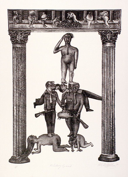 Artist: b'Doggett-Williams, Phillip.' | Title: b'Military pyramid.' | Date: 1991 | Technique: b'lithograph, printed in brown/black ink, from one stone' Artist: b'Doggett-Williams, Phillip.' | Title: b'Military pyramid.' | Date: 1991 | Technique: b'lithograph, printed in brown/black ink, from one stone'