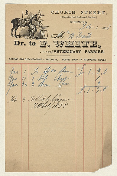 Title: b'Bill head for F. White veterinary farrier' | Date: 1880s | Technique: b'wood-engraving, printed in black ink, from one block; letterpress' Title: b'Bill head for F. White veterinary farrier' | Date: 1880s | Technique: b'wood-engraving, printed in black ink, from one block; letterpress'