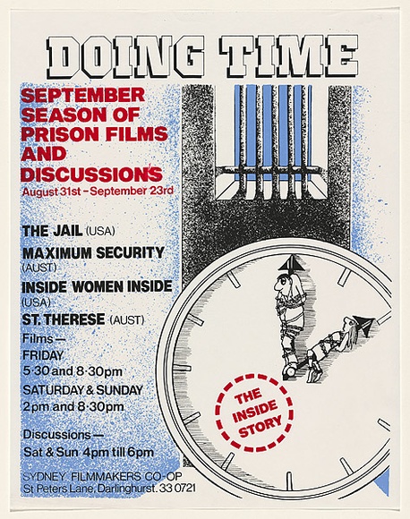Artist: b'Coopes, Jenny.' | Title: b'Doing time. September season of prison films and discussions.' | Date: 1979 | Technique: b'screenprint, printed in colour, from three stencils' Artist: b'Coopes, Jenny.' | Title: b'Doing time. September season of prison films and discussions.' | Date: 1979 | Technique: b'screenprint, printed in colour, from three stencils'