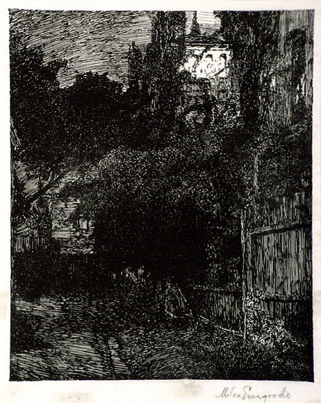 Artist: b'Evergood, Miles.' | Title: b'The alleyway.' | Date: 1891 | Technique: b'woodcut, printed in black ink, from one block' Artist: b'Evergood, Miles.' | Title: b'The alleyway.' | Date: 1891 | Technique: b'woodcut, printed in black ink, from one block'