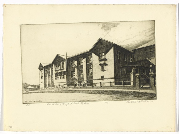 Artist: b'PLATT, Austin' | Title: b'Canterbury High School Sydney' | Date: 1937 | Technique: b'etching, printed in black ink, from one plate' Artist: b'PLATT, Austin' | Title: b'Canterbury High School Sydney' | Date: 1937 | Technique: b'etching, printed in black ink, from one plate'