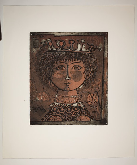 Artist: b'Haxton, Elaine' | Title: b'Mirabelle' | Date: c.1975 | Technique: b'open-bite etching and aquatint, printed from two plates' Artist: b'Haxton, Elaine' | Title: b'Mirabelle' | Date: c.1975 | Technique: b'open-bite etching and aquatint, printed from two plates'