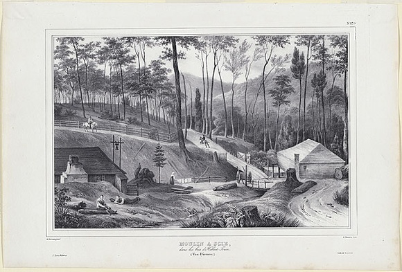 Title: bMoulin a scie, dans les bois d'Hobart-town. Van-Diemen. (Saw mill, Hobart Town) | Date: c.1833 | Technique: b'lithograph, printed in black ink, from one stone' Title: bMoulin a scie, dans les bois d'Hobart-town. Van-Diemen. (Saw mill, Hobart Town) | Date: c.1833 | Technique: b'lithograph, printed in black ink, from one stone'