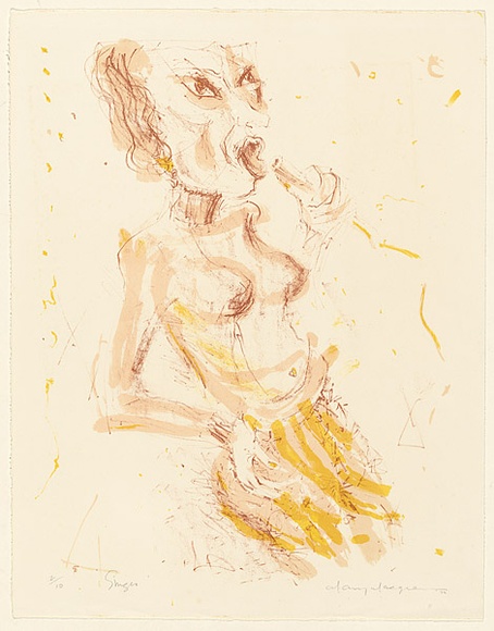 Artist: b'MACQUEEN, Mary' | Title: b'Singer' | Date: 1975 | Technique: b'lithograph, printed in colour, from multiple plates' | Copyright: b'Courtesy Paulette Calhoun, for the estate of Mary Macqueen' Artist: b'MACQUEEN, Mary' | Title: b'Singer' | Date: 1975 | Technique: b'lithograph, printed in colour, from multiple plates' | Copyright: b'Courtesy Paulette Calhoun, for the estate of Mary Macqueen'